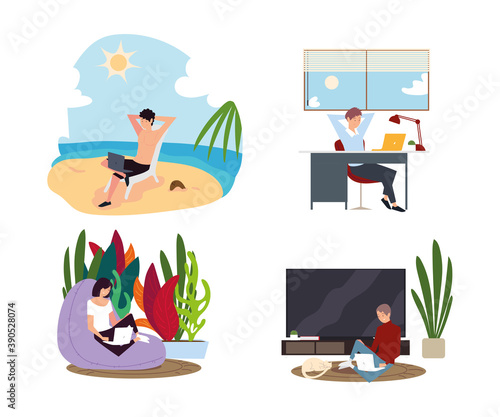 people working in different space, include beach, room and office