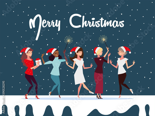 christmas people, greeting card, women together season winter celebration