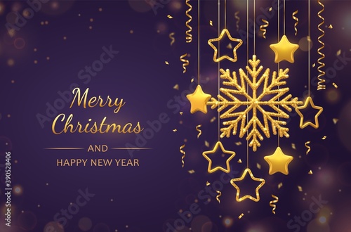 Christmas purple background with hanging shining golden snowflakes, 3D metallic stars and balls. Merry christmas greeting card. Holiday Xmas and New Year poster, web banner. Vector Illustration.
