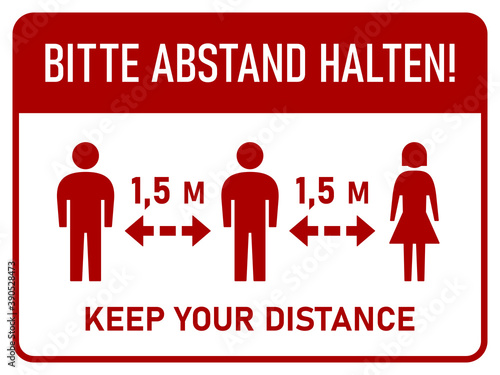 Bitte Abstand Halten   Please Keep Your Distance  in German  Bilingual Horizontal Social Distancing 1 5 m or 1 5 Metres Instruction Sign with an Aspect Ratio of 4 3. Vector Image.