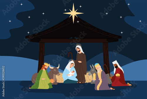 nativity, manger scene holy family wise kings ox donkey in the night