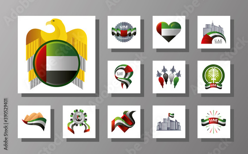 UAE National day, flag, various layout with square block and shadows