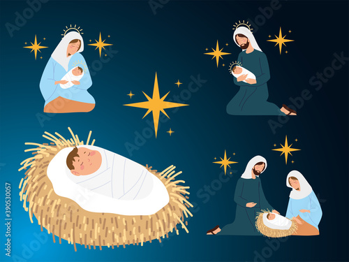 nativity, manger scene icons mary with baby joseph