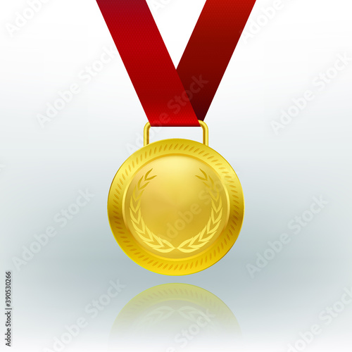 gold medal with red ribbon