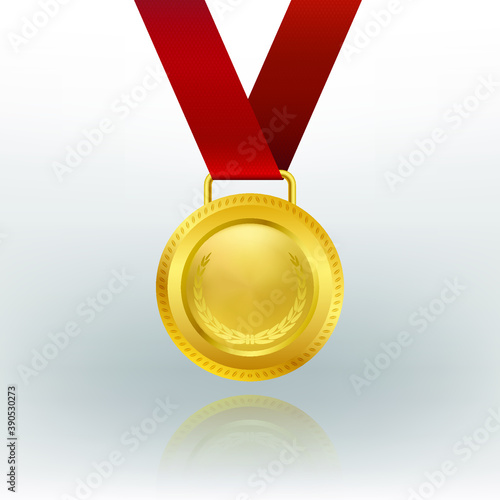 gold medal with red ribbon