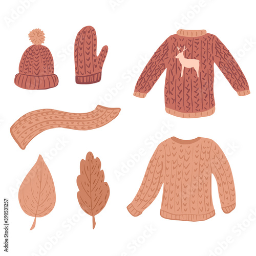 Composition ugly sweater on white background. Russet kit season clothing from sweater, mitten, cap, scarf and foliage sketch hand drawn in style doodle.