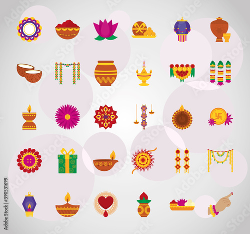rangoli and bhai dooj icon set, colorful design