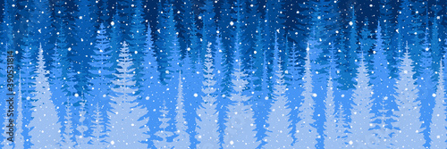 Stylization of a winter landscape, forest, snowfall. Vector illustration, banner.