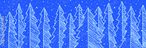 Stylization of a winter landscape, forest, snowfall. Vector illustration, hand drawn.