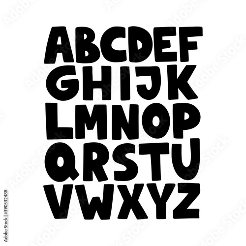 Cartoon English alphabet. ABC. Funny hand drawn graphic font. Uppercase letters. Design for typography poster, card. Black modern vector illustration