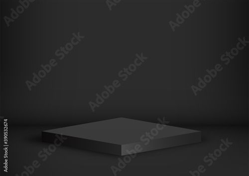 Black square. Blank floor stage for display isolated on dark background. Podium of stand empty for base decor product, advertising, show, contest, award, winner. Minimal style. Vector illustration. © Happy-Lucky