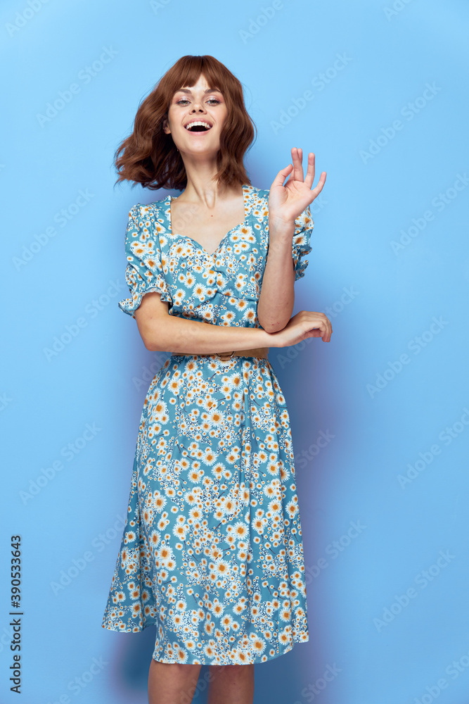 Woman in flower Joy hand near the face dress short hair 