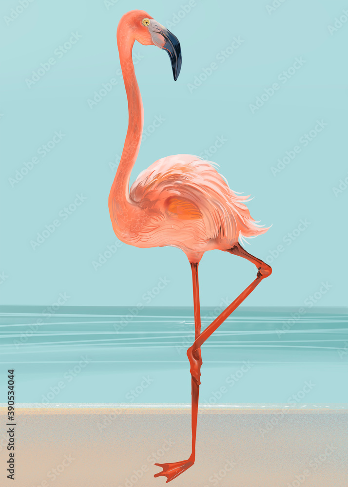 Pink flamingo on a beach illustration - obrazy, fototapety, plakaty 