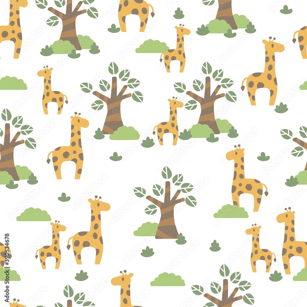 Obraz premium Giraffes Wonder Green Garden Vector Graphic Seamless Pattern