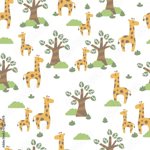 Fototapeta Naklejka Na Ścianę i Meble -  Giraffes Wonder Green Garden Vector Graphic Seamless Pattern