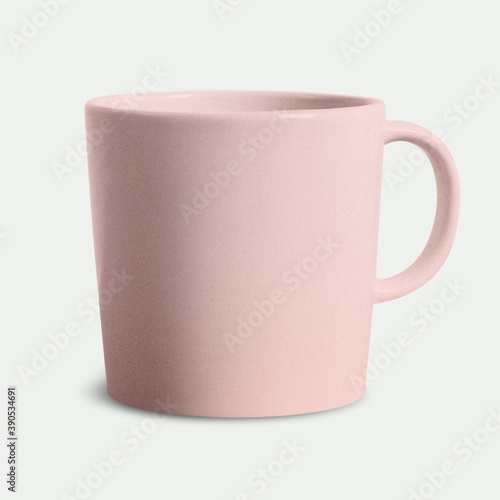 Pink ceramic coffee cup on off white background