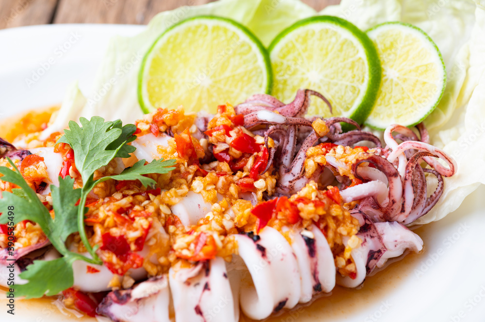 Steam Squid with Spicy Chili and Lemon Sauce - Pla Muk Nung Manow Steam Squid with Spicy Chili and Lemon Sauce - Pla Muk Nung Manow