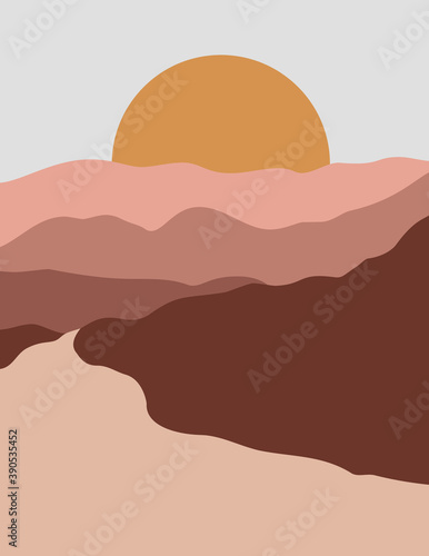 Abstract Landscape of Mountains and Rivers with the Sun in a Minimal Trend Style. Vector Background in Terracotta Colors for covers, Posters, Postcards, social media Stories. Boho Art Prints.