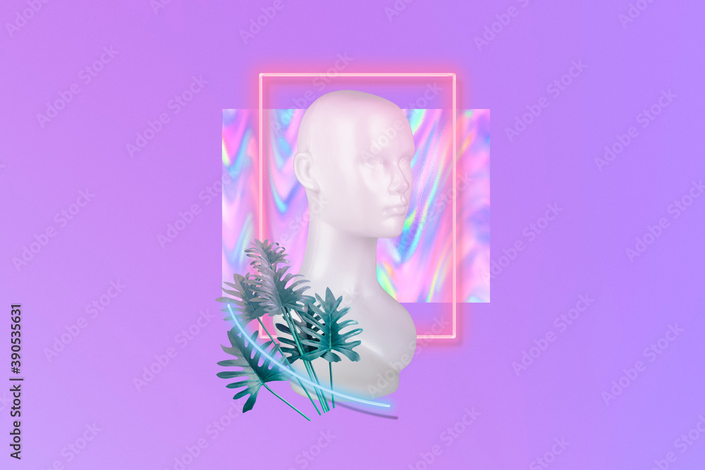 Obraz premium White dummy with Xanadu leaves and a red neon frame on a purple background