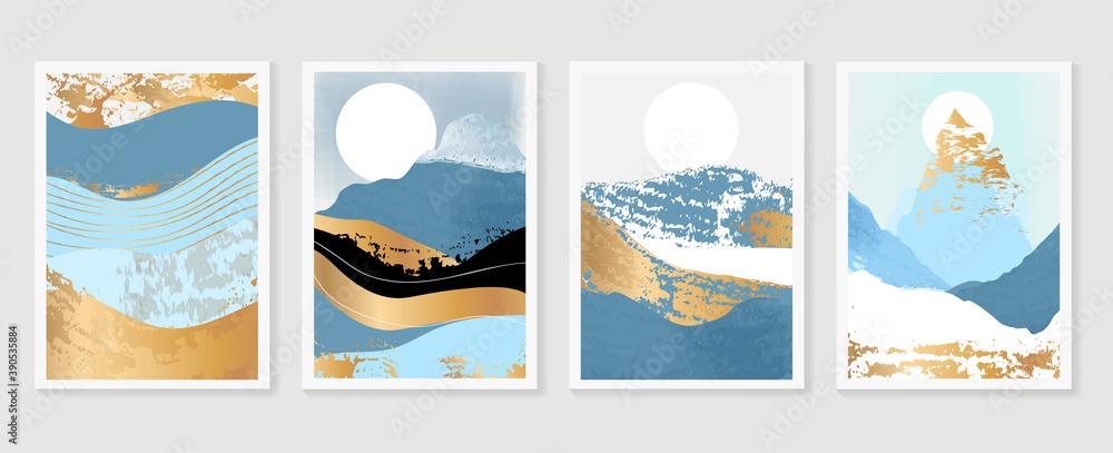 Gold Mountain wall art vector set. Earth tones landscapes backgrounds set with moon and sun.  Abstract Plant Art design for print, cover, wallpaper, Minimal and  natural wall art.