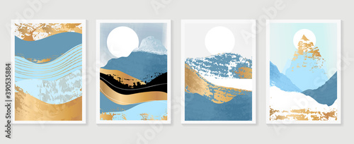 Gold Mountain wall art vector set. Earth tones landscapes backgrounds set with moon and sun.  Abstract Plant Art design for print, cover, wallpaper, Minimal and  natural wall art.