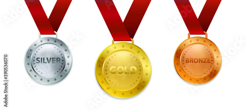 Realistic 3d Champion Gold medal with ribbon vector illustration