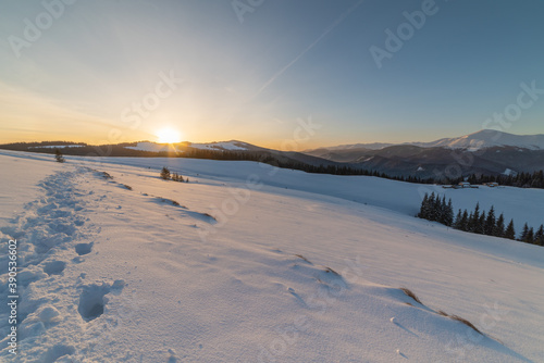 Snowy winter in the Ukrainian Carpathians and picturesque mountain houses