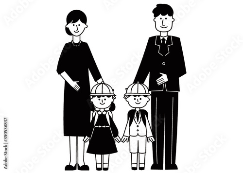 入学式の小学一年生と親