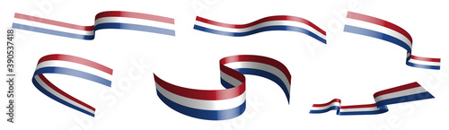 Set of holiday ribbons. Flag of Holland, Netherlandswaving in wind. Separation into lower and upper layers. Design element. Vector on white background