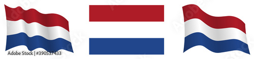 flag of Holland, Netherlands in static position and in motion, developing in wind in exact colors and sizes, on white background