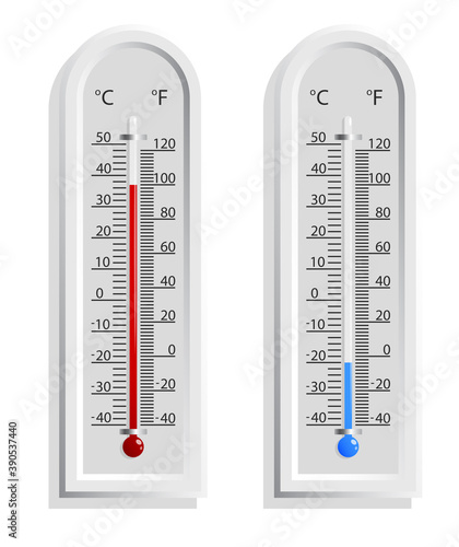 Realistic weather thermometer with high and low temperature. Outdoor temperature measurement. Isolated vector on white background