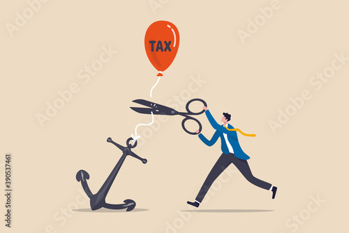 Government raising tax policy, increase income taxation payment in economic crisis concept, businessman government leader using scissors to cut rope on anchoring balloon with the word tax.