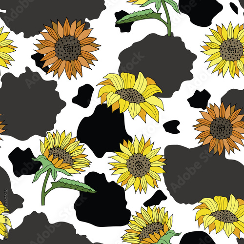 Vector Black and White Cow Print with Sunflowers seamless pattern background from the Country Sunflower Collection. Features a brown cow hide print with a floral sunflower pattern. Good for fashion