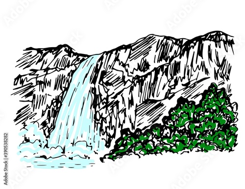 Hand-drawn vector drawing in engraving style. Wildlife, mountain landscape, waterfall, trees, rocks. Nature, recreation and travel. For prints of cards, labels.