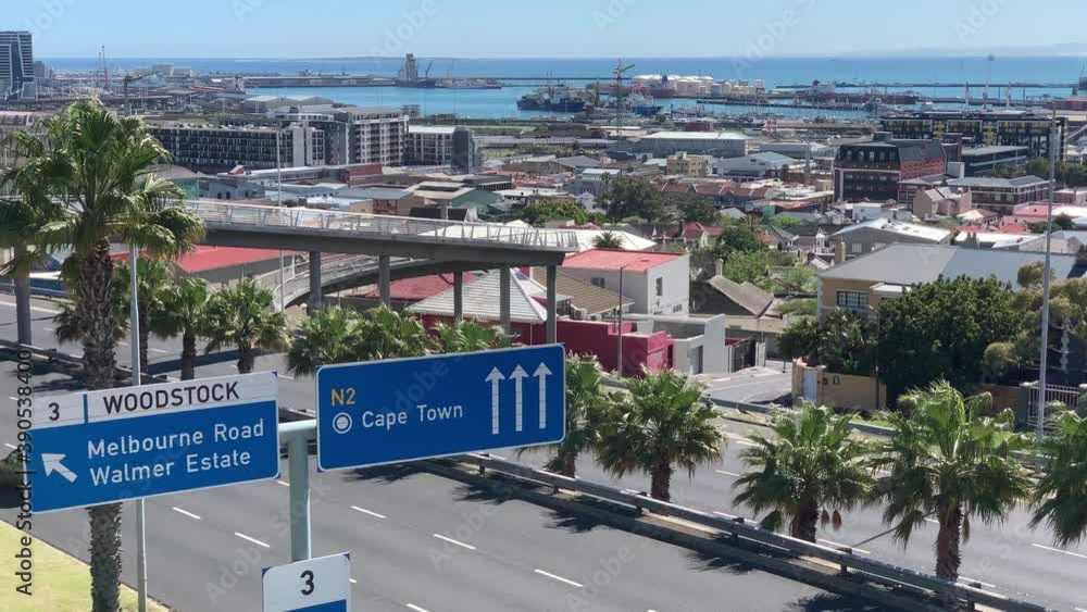 Walmer Estate pedestrian bridge with views of Cape Town Harbour and  Woodstock from Nelson Mandela Boulevard Stock Video | Adobe Stock
