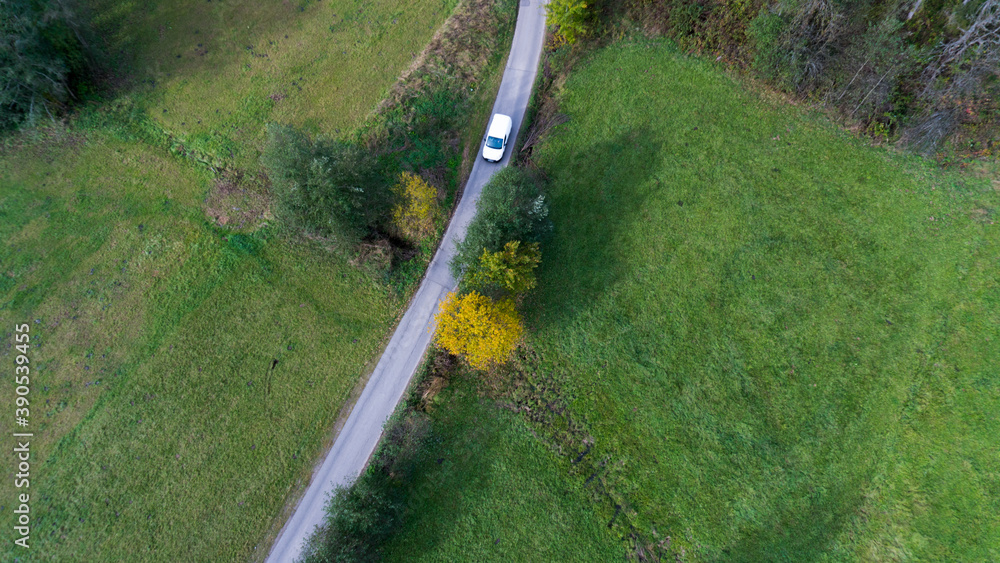 White car driving on an empty road through green fields