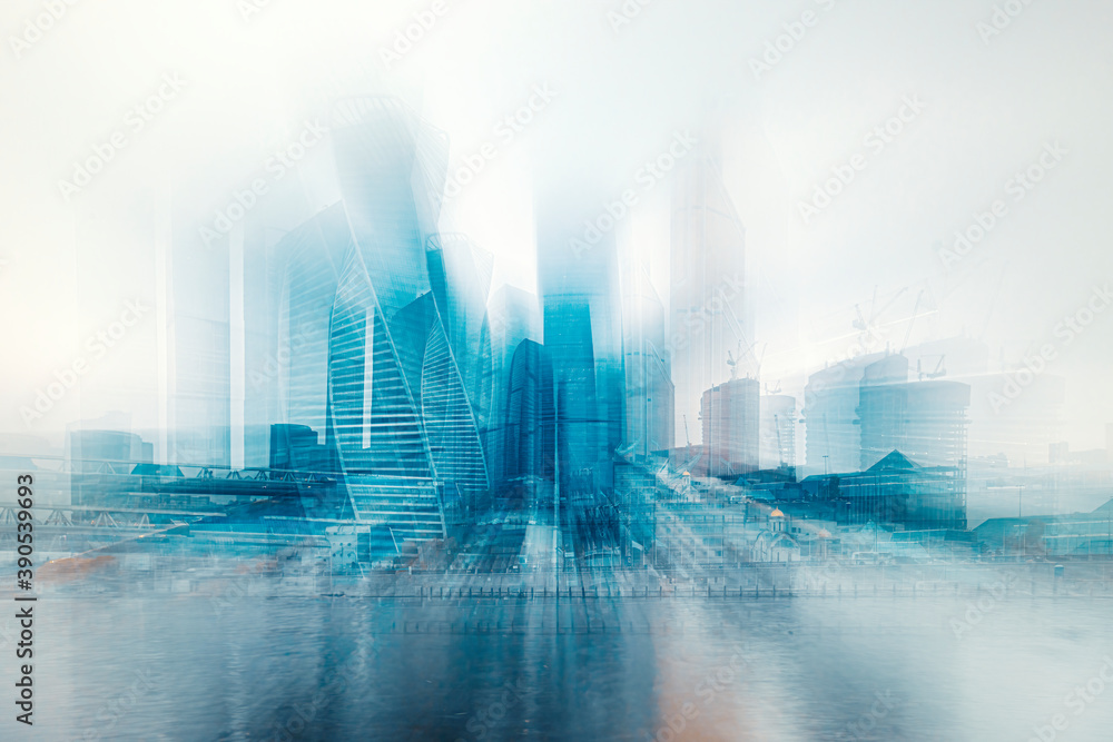 Moscow, Russia. November 3, 20209: Heights in the fog. Buildings of the business center Moscow City in a cityscape. Selected focus Moscow, Russia. November 3, 20209: Heights in the fog. Buildings of the business center Moscow City in a cityscape. Selected focus