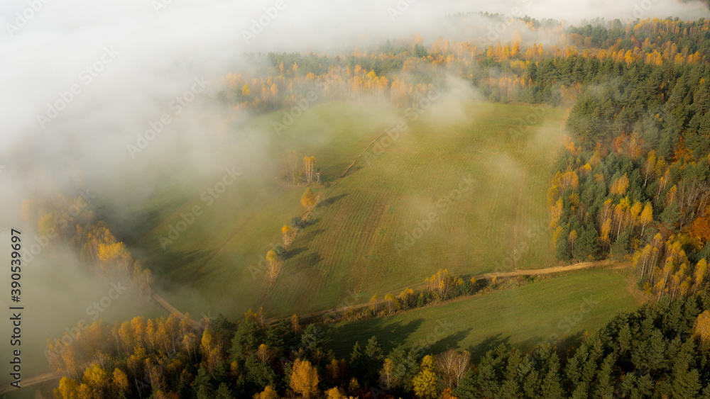 Landscape with fog and hills on an epic autumn morning