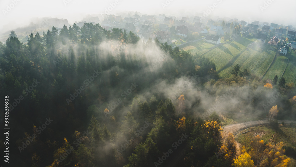 Mountain village in a early moorning with fog and autumn leaves