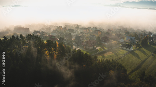 Obraz na płótnie Mountain village in a early moorning with fog and autumn leaves w salonie