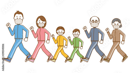 マスクを着用してウォーキングをしている三世代家族のイメージイラスト