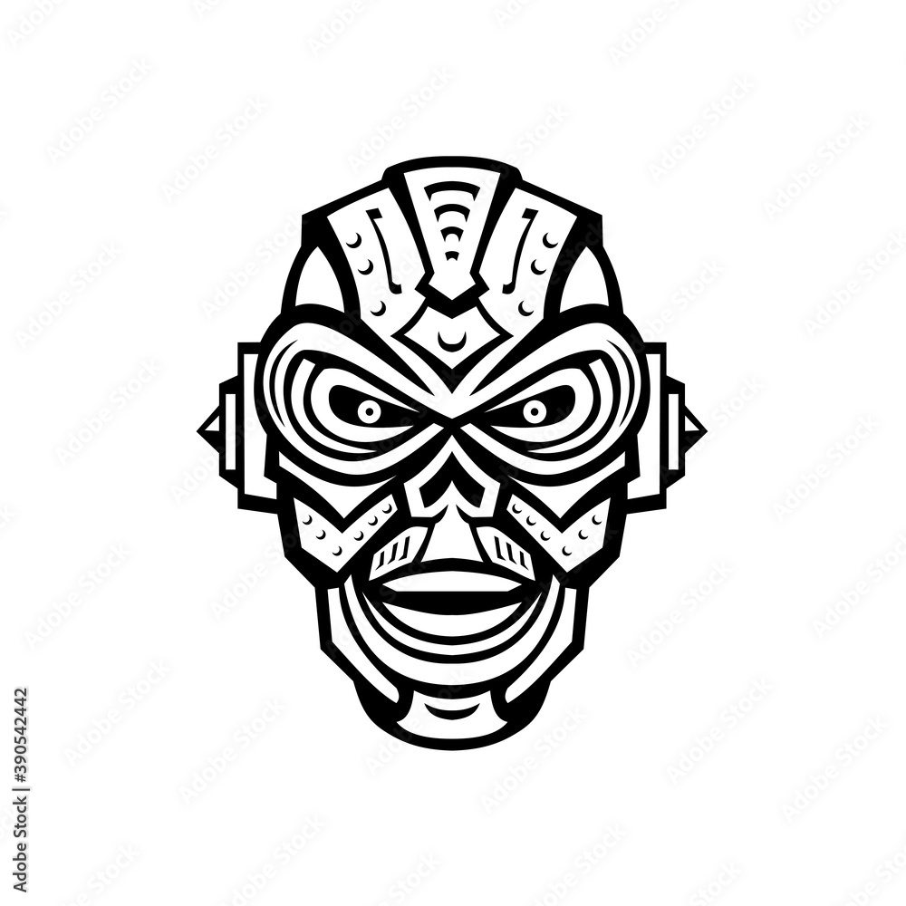Angry Iron Skull Robot or Android Viewed from Front Mascot  Retro Black and White Style