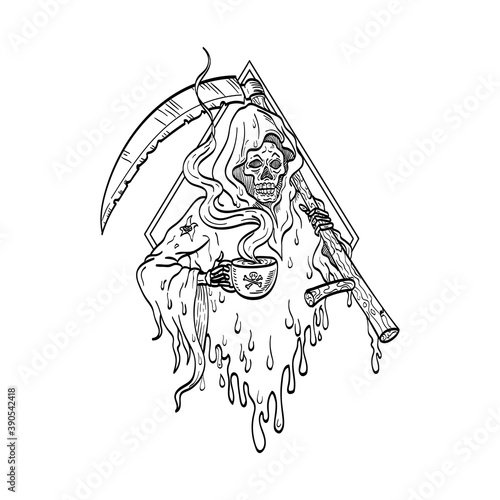 Grim Reaper Holding Smoking Hot Cup of Coffee and Scythe Tattoo Line Drawing Black and White