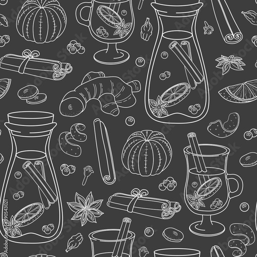 Seamless pattern with hand drawn glass and decanter of mulled wine with ingredients on chalkboard. Beautiful vector drawing for banner, advertising, holiday poster, package, wrapping paper, print.