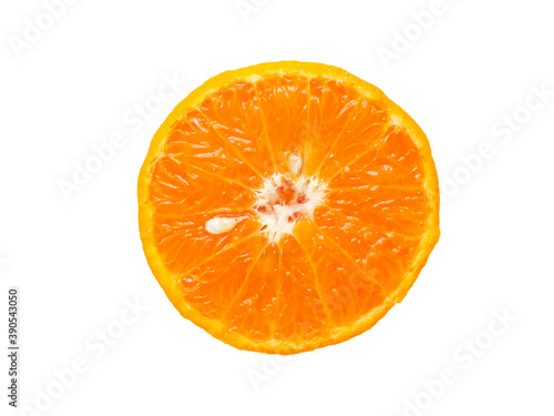 Orange displays details of orange slices and orange seeds on a separate white background. isolated