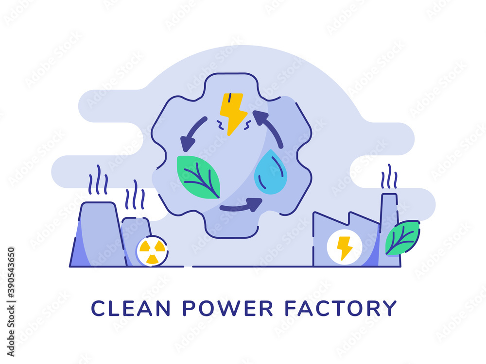 Clean power factory concept recycle reuse water leaf lightning on gear cooling power station white isolated background with flat outline style