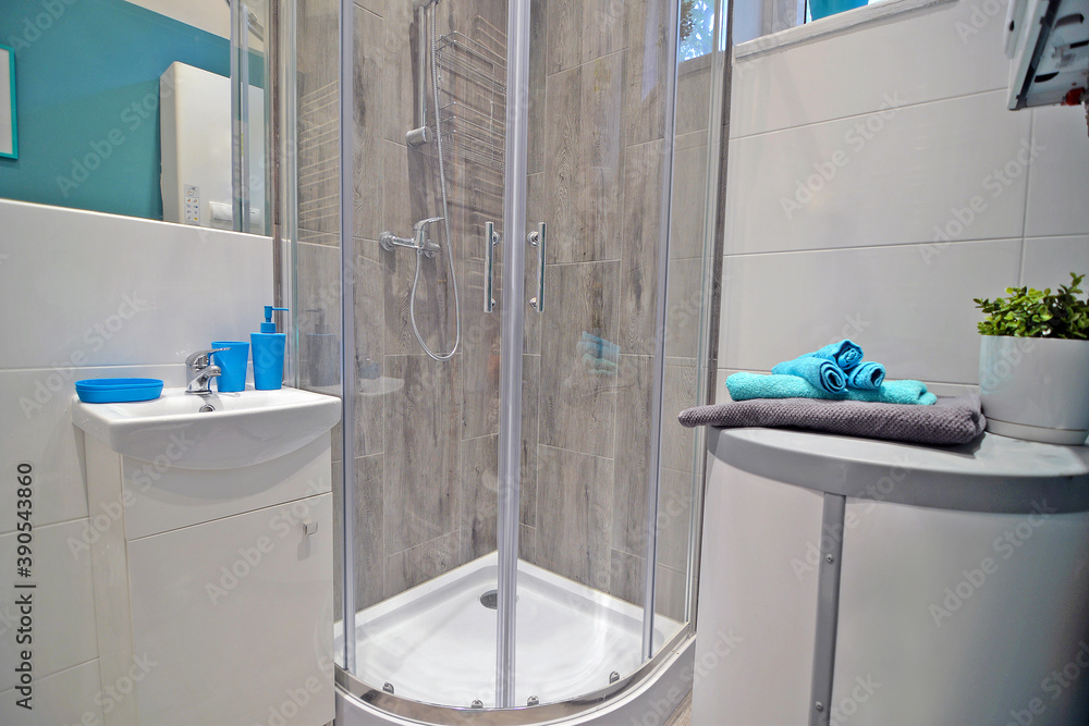 Interior of home bathroom with shower