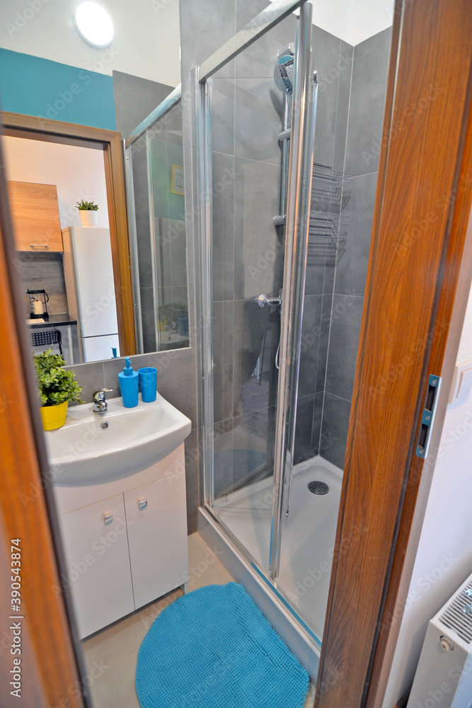 Interior of home bathroom with shower