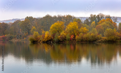 Bunte Bäume im Morgennebel an einem kleinen See in Bayern im Herbst