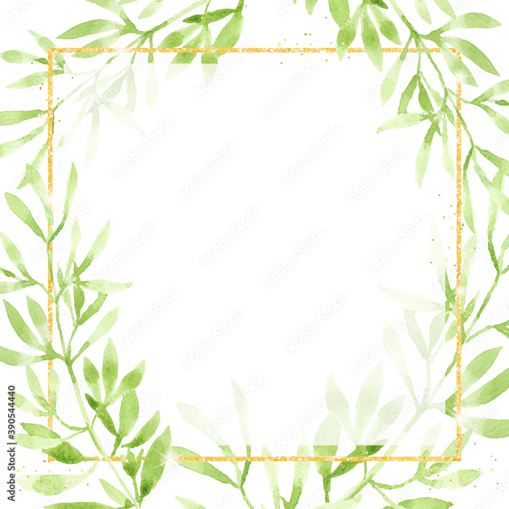 watercolor green leaves with golden glitter square frame background for banner